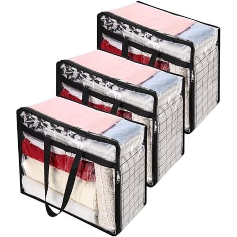 3x Sacs de Rangement en Plastique Transparent 40L - Organiseur avec Poignée à Fermeture Éclair pour Couettes, Vêtements, Literie, Déménagement - Imperméable (1/4)