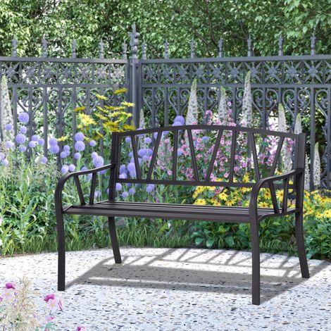 Panchina da Giardino in Metallo Nero Impermeabile, Panca da Esterno in Ferro 2 Posti, 128x56x86cm