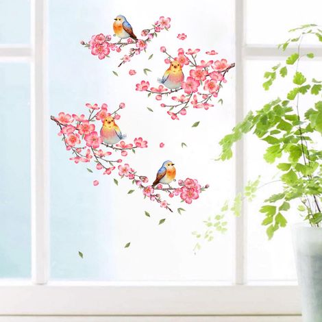 Décor mural adhésif fleur de prunier, stickers muraux chambre avec roses, oiseaux et feuilles de pêcher, décor salon TV, autocollants botaniques pour jardin, lot de panneaux muraux artistiques. (1/5)