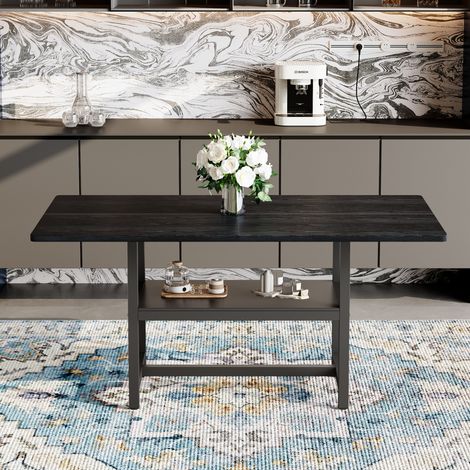 Table à manger rectangulaire noire 160 x 90 x 76 cm style industrie pour 4-6 personnes étagère de rangement pieds métal salon chic