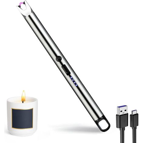 Briquet Electrique, USB Rechargeable Arc Briquet, Allume Bougie avec Affichage de Batterie LED avec Serrure de Sécurité pour Cuisine, Bougie, Barbecue, Cheminée (Argent) (1/5)