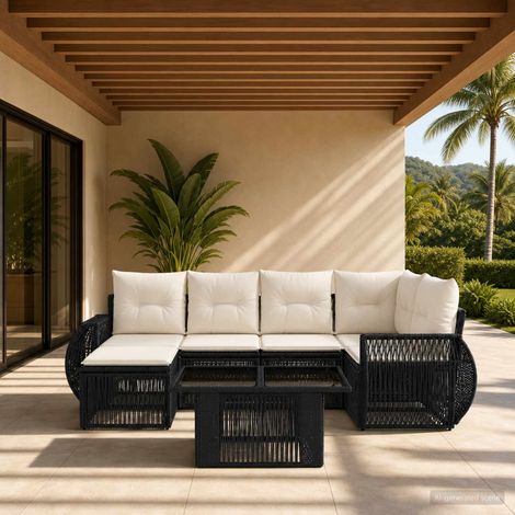 vidaXL Set Divano da Giardino 7 pz Nero e Bianco Crema polyrattan (1/5)