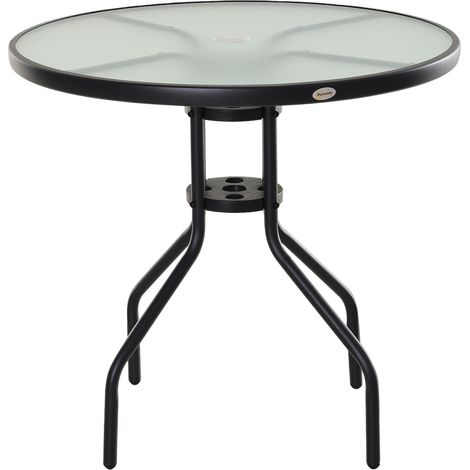 Gartentisch Balkontisch Bistrotisch mit Schirmloch Ø80 cm, Hartglas und Metall Schwarz, ideal für Garten und Terrasse (1/5)