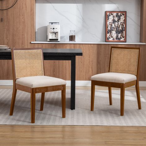 Wahson Lot de 2 Chaises en Lin, Chaises de Salle à Manger en Rotin et Bois Chaise Salle à Manger Rétro en Bois Massif Pour Cuisine, Noyer