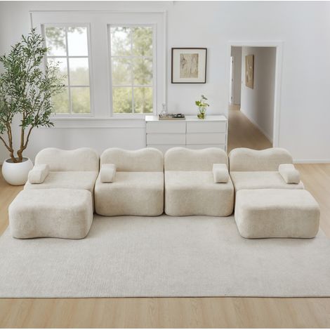 Canapé modulaire en U 4 places beige en velours avec 2 ottomanes et assises profondes (1/5)