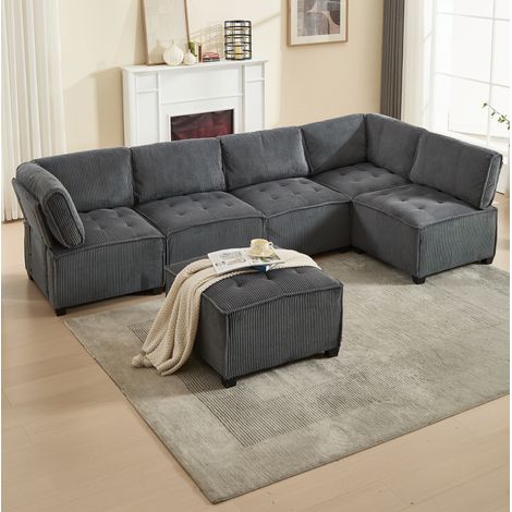 Sofá modular de 6 plazas en tela de pana, convertible, con bolsillos, gris DESVIAE (1/5)