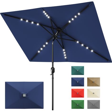 Parasol Rectangulaire Solaire, LED, Inclinable à Manivelle, 6 Baleines Robustes, Jardin, Terrasse, Piscine, 300x198cm, Bleu