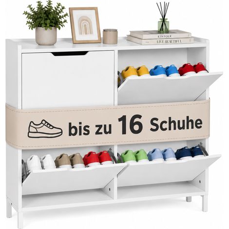 Relaxdays Schuhkipper, 4 Fächer, 16 Schuhe, HBT: 90 x 100 x 19 cm, schmaler Schuhschrank inkl. Kippschutz, weiß (1/5)