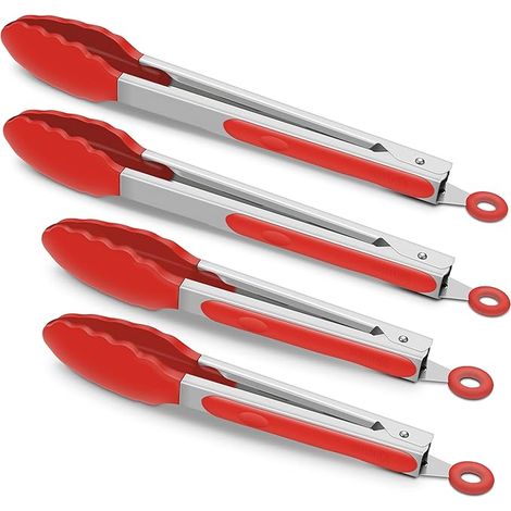 Lot de 4 pinces de cuisine rouges, en silicone de qualité supérieure sans BPA, antiadhésives et en acier inoxydable, pour la cuisson au barbecue et aux grillades, avec système de verrouillage, 23 cm e (1/5)