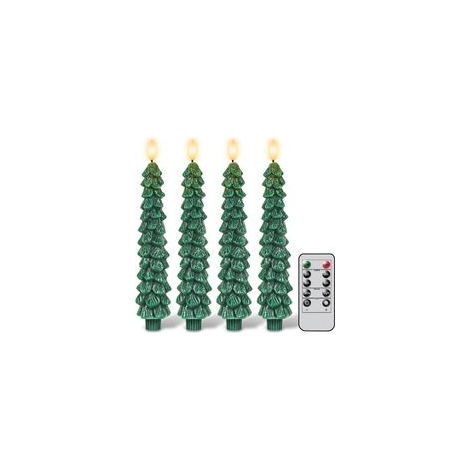 Bougies coniques sans flamme pour sapin de Noël avec minuterie à distance, bougies coniques LED de Noël avec flamme 3D, 4 bougeoirs LED verts pour décoration de Noël (20 x 24 cm)