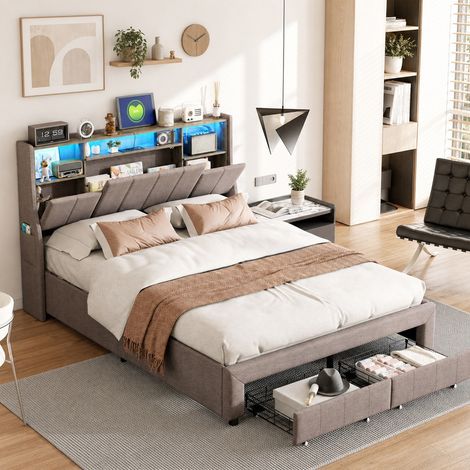 Lit double 160x200cm avec tête de lit de rangement et éclairage LED, lit rembourré en lin gris avec 2 tiroirs, sommier à lattes, 750LBS pour chambre adulte