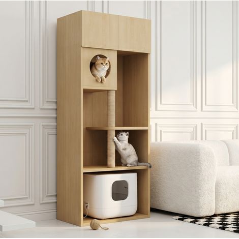 Armadio per lettiera gatto con tiragraffi, contenitore, MDF naturale, 80 x 45 x 193 cm (1/5)