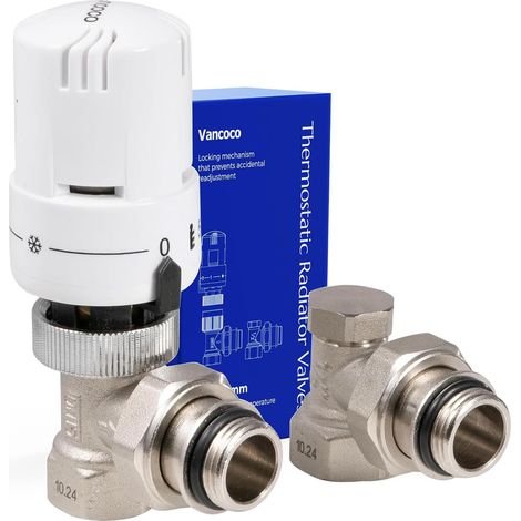 Robinet Thermostatique + Robinet de Retour Kit Complet 1/2 "(15×21), Raccord Étanche, Régulateur de Radiateur, Coude en Équerre, Blanc, Sonde Liquide, Protection Anti-Gel, Norme EN215 (1/5)