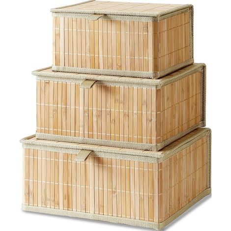 Lot de 3 paniers de rangement avec couvercle en bambou décoratif pour l'organisation - Panier en osier avec couvercle en tissu tissé pour bureau, cuisine, chambre à coucher - Taille L/M/S (1/5)