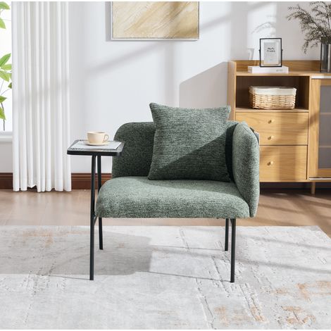Fauteuil en chenille vert emeraude avec table d'appoint laterale, poches de rangement et pieds metal 86x72x71 cm (1/5)