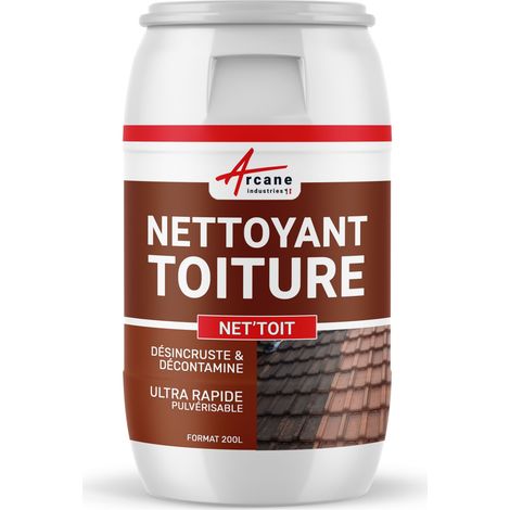 Arcane Industries – Nettoyant toiture algues et lichens ultra rapide – Action immédiate – Pulvérisable au drone – Pour tuiles, ardoises, fibres-ciment – 200 L