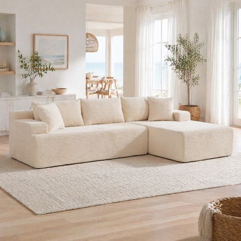 Sofá modular de chenilla, color beige, con chaise longue, montado y listo para usar (1/5)