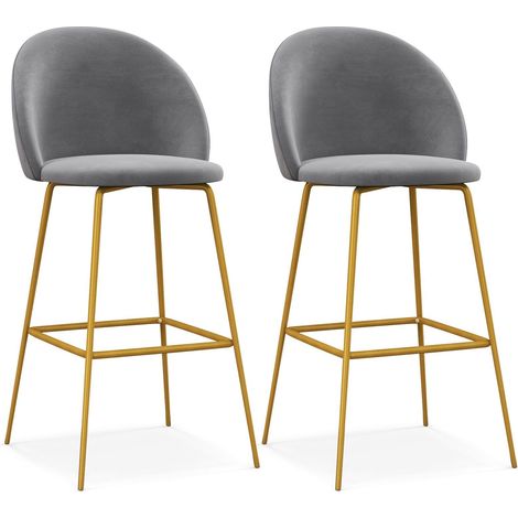 Set of 2 Bar Stools Soft Velvet Upholstered Bar Chairs Pub Stool Chair High Back (1/5)