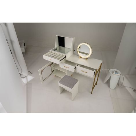 Coiffeuse avec miroir LED, tabouret, prises électriques, tiroirs et 120 porte-anneaux