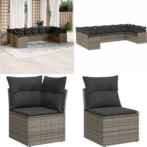 Salon de jardin avec coussins 10 pcs gris résine tressée - Ensemble Salon De Jardin - Mobilier De Jardin - Salon Extérieur - Résine Tressée - Fauteuil De Jardin - Home & Living (1/5)