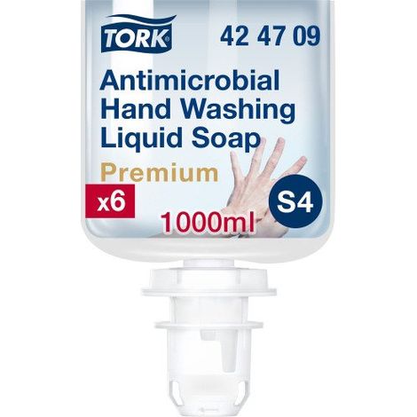 Savon liquide mains Tork Premium Antimicrobien, pour distributeur S4 - Cartouche de 1 L. - Lot de 6