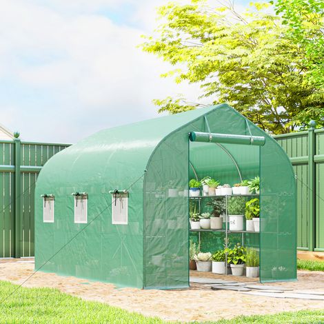 Serre tunnel de jardin 6m², serre de jardin avec étagères, porte et 6 fenêtres, cadre en acier galvanisé, vert