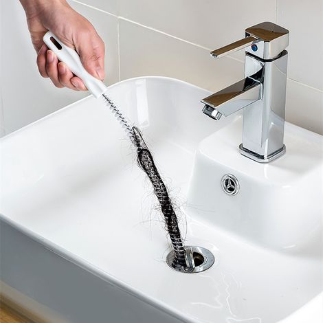 45 cm Schlauchbürste zur Reinigung von Badezimmerabflüssen und Waschbecken, flexibles Werkzeug zur Beseitigung von Verstopfungen, weiß