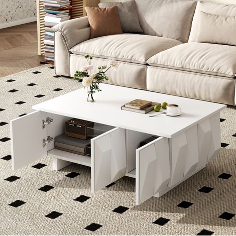 MODFU – Tavolino 95x67 cm con 3 ante, frontali 3D e vano contenitore integrato per salotto – Bianco (1/5)