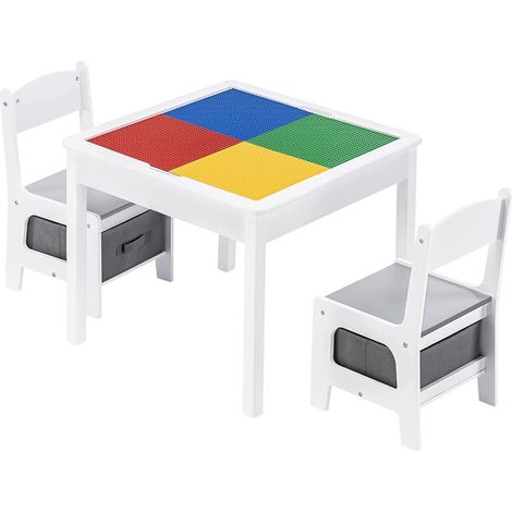Tavolo GINGER HOME Reversibile con 2 Sedie per Bambini, per Disegno e Costruzioni Tipo LEGO, Bianco/Grigio (1/5)