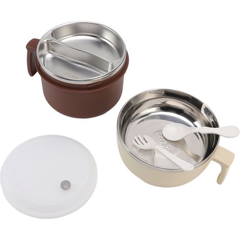 Bol en inox double couche pour nouilles, boîte à bento avec couvercle, manche, fourchette et cuillère, idéal pour employés et étudiants, couleurs café et beige (1/5)