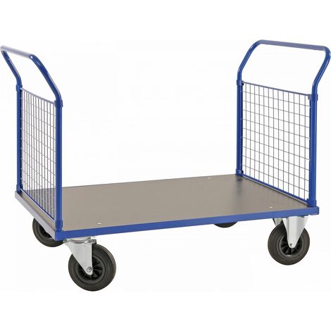 Kongamek Plattformwagen in blau 1166x700x1020mm mit MDF-Platte und 2 Schiebebügeln mit Gummibereifung mit Bremse