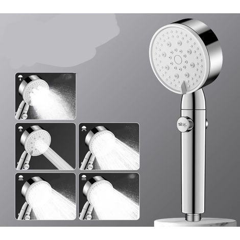 Hochdruck-Handbrausekopf (silber) mit 5 Modi, Ein-/Ausschalter, verstopfungsfreien Düsen und Sprühkopf. (1/5)
