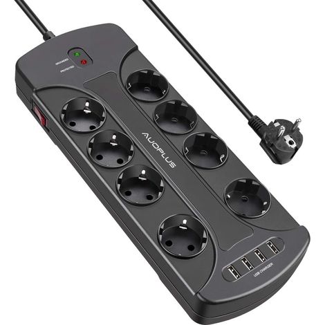 Multiprise avec USB, 8 prises et 4 USB, multiprise avec interrupteur et protection contre les surtensions (3680 W/16 A), prise de courant avec sécurité enfant pour la maison, le bureau, câble de 2 m