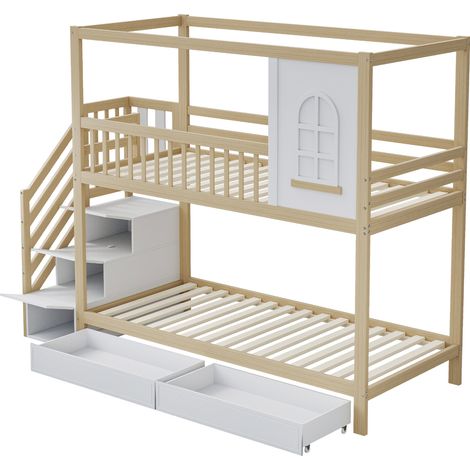 Letto a castello per bambini 90 x 200 cm in legno naturale con scala e vani contenitore (1/5)