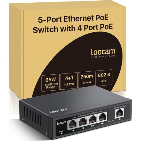 Switch 4 PoE Ports avec 1 Uplink Port, PoE+ 100Mbps Ethernet Réseau Switch Non géré, 65W IEEE802.3af/at, Durable Metal Enclosure, Plug & Play (1/5)