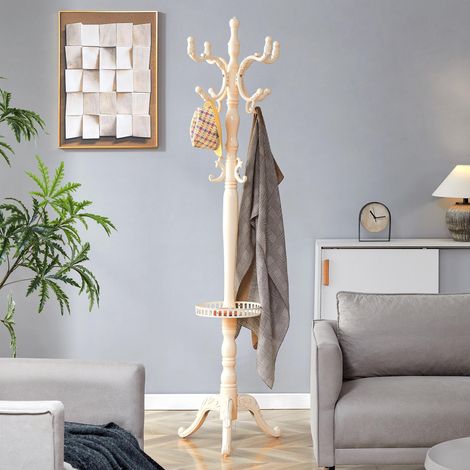 Apportez une touche d'élégance à votre intérieur : portant à vêtements européen polyvalent en bois massif blanc crème – plusieurs crochets, stable, facile à monter et doté de pieds antidérapants.