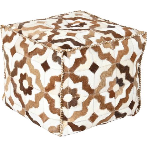 Pouf bicolore chic en cuir et polyester pour salon - Marron et blanc à motif géométrique (1/4)