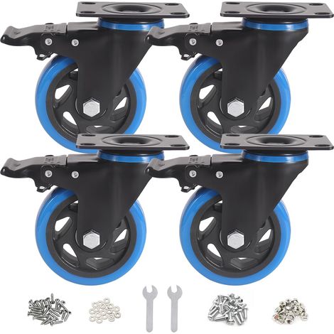 Lot de 4 roulettes pivotantes bleues pour charges lourdes, 100 mm, avec freins, jusqu'à 600 kg, accessoires de montage, pour l'intérieur et l'extérieur, roulettes de transport (1/5)