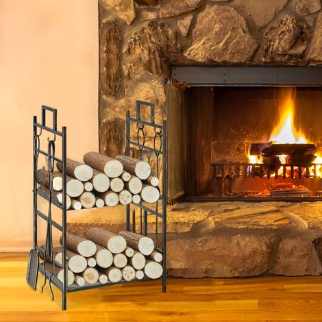 Porte-bûches range bûches étagère à bois de cheminée serviteur de cheminée cerf multi-accessoires 2 étagères dim. 51,5L x 33l x 77H cm métal noir or vieilliRangement bois de chauffage (1/5)