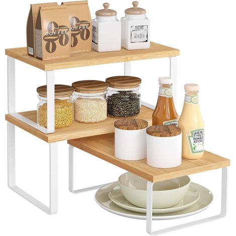 Lot de 3 Étagères, Extensibles, Empilables, Métal et Bois, Cuisine et Salle de Bain (1/5)