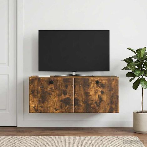 Meuble TV mural en bois d’ingénierie, portes pivotantes, chêne fumé, 78,5 x 31 x 30 cm - PANGIVO (1/5)