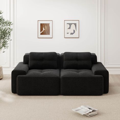 Canapé modulable 2 places noir en velours côtelé, canapé nuage sans structure, assise profonde 74 cm, mousse 32D, sans montage (1/5)