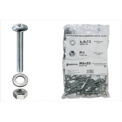Kit viti testa bombata larga Ø 6 x 80 + dadi + rondelle - 200 pz.