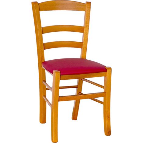 Sedia in legno Paesana in finitura color ciliegio con seduta in similpelle rosso
