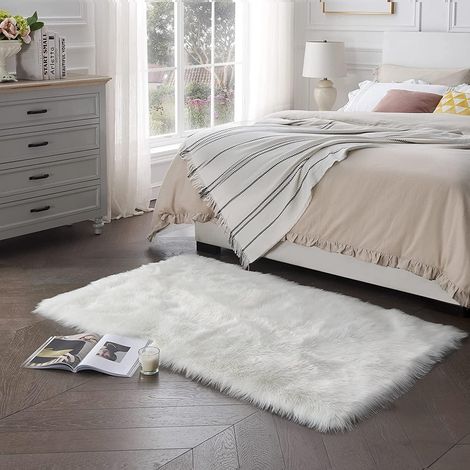 Pelle di pecora sintetica, sensazione accogliente come tappeto in pelliccia sintetica di vera lana, tappeto per divano in lana di lusso fatto a mano (60x90 cm, bianco) (1/4)