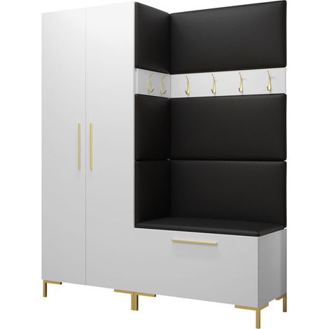 Meuble d'entrée Nomal I, Blanc, 196x158x44cm, Stratifié, Faux cuir, Murale, À poser