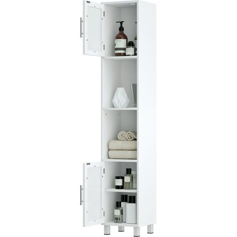 Bathroom Tall Cabinet Slim Freestanding Storage Organizer Cupboard 2 Glass Doors