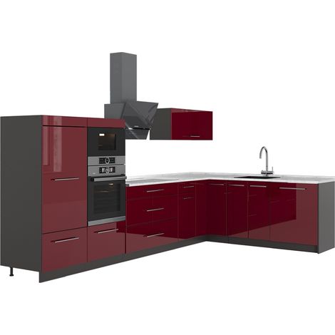 Cocina esquinera Fame-Line, Rojo Burdeos alto brillo/Antracita, 347 x 207 cm, ET Mármol, Vicco (1/5)