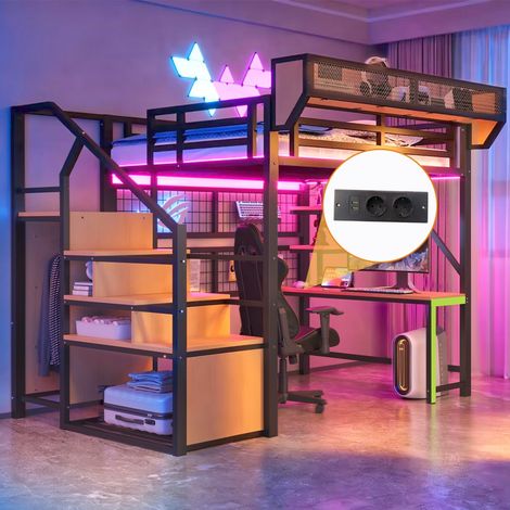 Lit mezzanine métal noir 140x200 cm, bureau intégré, étagères, rangement, échelle sécurité, LED, prise électrique et rambarde haute (sans Matelas) (1/5)