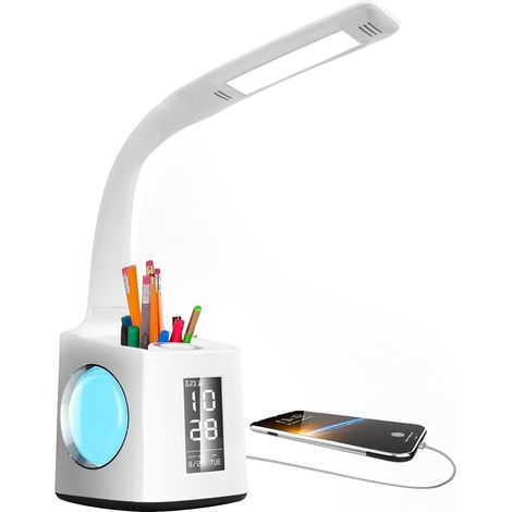 Lampada da scrivania a LED 7 in 1 per bambini, luce di lettura da 10 W, lampada da comodino con collo d'oca, schermo LCD, calendario, sveglia, rilevamento della temperatura (1/5)
